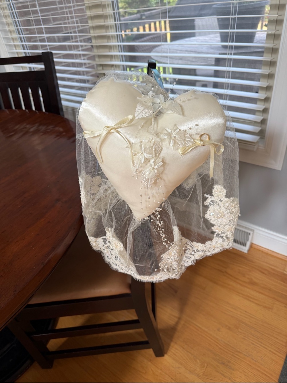 Vintage Ivory Heart-Shaped Ring Pillow with Lace Veil